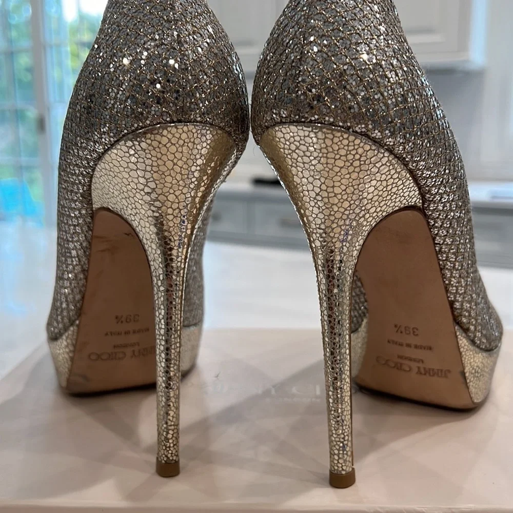 Jimmy CHOO 247 Crown Glitter fabric champagne platform 5in heels size 39.5